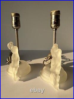 Vintage Art Deco Reclining Nude Female Satin Frosted Glass Boudoir Lamps Pair