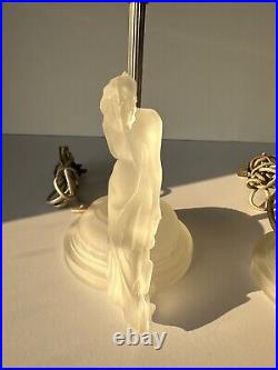 Vintage Art Deco Reclining Nude Female Satin Frosted Glass Boudoir Lamps Pair