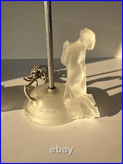 Vintage Art Deco Reclining Nude Female Satin Frosted Glass Boudoir Lamps Pair