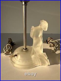 Vintage Art Deco Reclining Nude Female Satin Frosted Glass Boudoir Lamps Pair