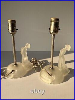 Vintage Art Deco Reclining Nude Female Satin Frosted Glass Boudoir Lamps Pair