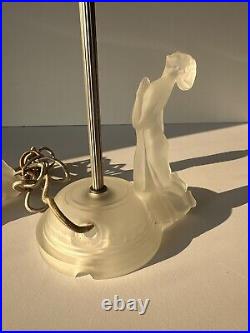 Vintage Art Deco Reclining Nude Female Satin Frosted Glass Boudoir Lamps Pair