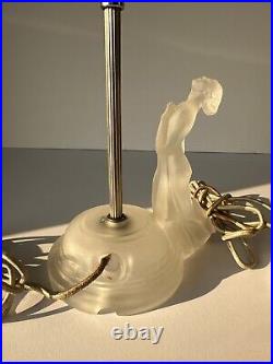 Vintage Art Deco Reclining Nude Female Satin Frosted Glass Boudoir Lamps Pair