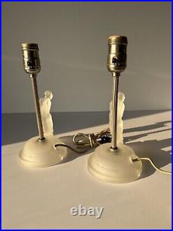 Vintage Art Deco Reclining Nude Female Satin Frosted Glass Boudoir Lamps Pair