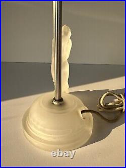 Vintage Art Deco Reclining Nude Female Satin Frosted Glass Boudoir Lamps Pair