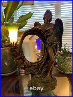 Vintage Art Deco Resin Tulip Shade Lady Angel & Cherub Mirror Electric Lamp