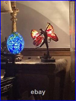 Vintage Art Deco Style Nude Bronze Fairy Butterfly Stainglass Winged Lamp