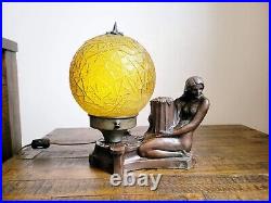 Vintage Art Deco Style Nude Figural Lamp with Amber Glass Globe