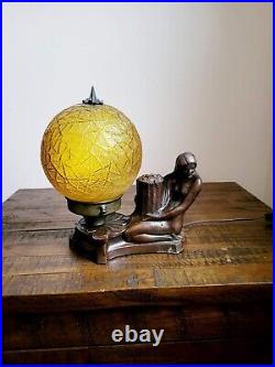 Vintage Art Deco Style Nude Figural Lamp with Amber Glass Globe