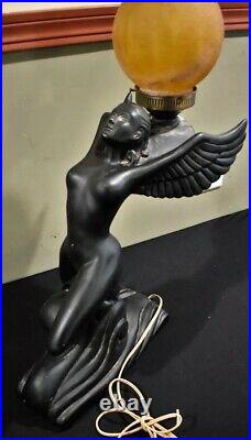 Vintage Art Deco Style Winged Lady Lamp with Crackle Finish Globe