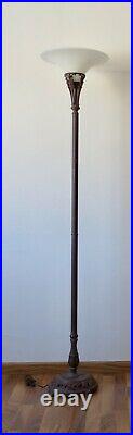 Vintage Art Deco Torchiere Floor Lamp With Glass Shade