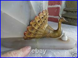 Vintage Art Deco White Marble Gold Gilt Peacock Bird Boudoir Table Lamp Set