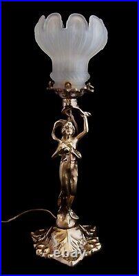 Vintage Art Nouveau Bronze Figural Lady Table Lamp C1915