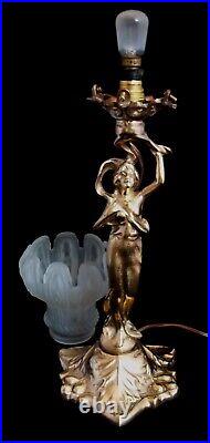 Vintage Art Nouveau Bronze Figural Lady Table Lamp C1915