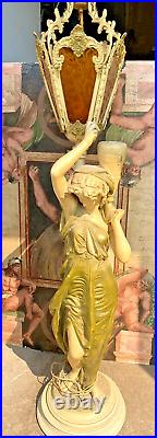 Vintage Art Nouveau Chalkware Demure Goddess Statue Star Lamp MFG Slag glass