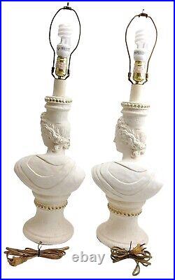 Vintage Art Nouveau Style Apollo Greek Roman God Chalkware Bust Table Lamps Set