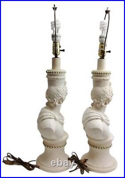 Vintage Art Nouveau Style Greek Roman God Apollo Chalkware Bust Table Lamps Set