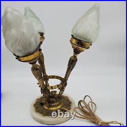 Vintage Art Nouveau Table Lamp Torch Flame Bulb Covers Ornate French Style