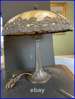Vintage Arts & Crafts Bent Slag Glass Table Lamp by Bradley & Hubbard Cir 1920