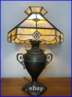 Vintage Bradley & Hubbard (B&H) Brass Table Lamp withUnique Art Studio Slag Shade