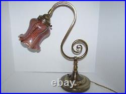 Vintage Brass Lamp with Signed Vandermark Iridescent Art Glass Shade 1093