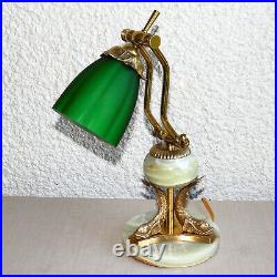 Vintage Brass & Onyx Art Deco Bankers Lamp Green Glass Shade