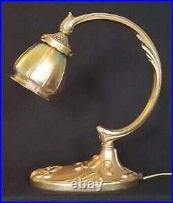 Vintage Bronze Art Nouveau Lamp with Steuben Gold Aurene Shade