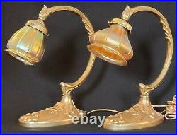 Vintage Bronze Art Nouveau Lamp with Steuben Gold Aurene Shade