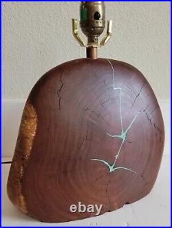 Vintage Burled Walnut Wood Table Lamp Turquoise inlay GORGEOUS