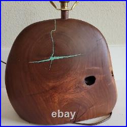 Vintage Burled Walnut Wood Table Lamp Turquoise inlay GORGEOUS