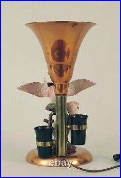 Vintage Copper Lamp with Two Cockatoos, Art Deco Era, Two Bakelite Planters