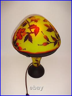 Vintage Emile Galle Style Glass Mushroom Lamp Art Nouveau Yellow Red Flowers