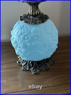 Vintage Fenton Blue Satin Puffy Poppy Embossed Lamp 24 MCM Art Deco
