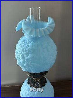 Vintage Fenton Blue Satin Puffy Poppy Embossed Lamp 24 MCM Art Deco