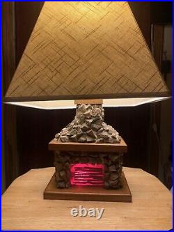 Vintage Folk Art Stone Wood Fireplace Table Lamp Rustic Cabin Homestead Decor