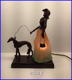 Vintage Frosted Glass Art Deco Lady and Dog Table Lamp