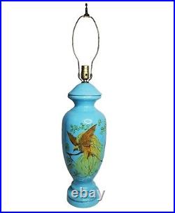 Vintage Glazed Pottery Lamp Handpainted Bird Art Pottery Lamp Bold Blue