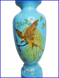 Vintage Glazed Pottery Lamp Handpainted Bird Art Pottery Lamp Bold Blue