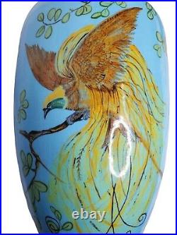 Vintage Glazed Pottery Lamp Handpainted Bird Art Pottery Lamp Bold Blue