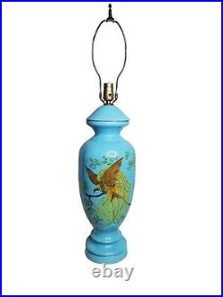 Vintage Glazed Pottery Lamp Handpainted Bird Art Pottery Lamp Bold Blue