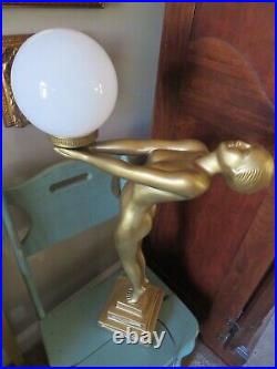 Vintage Gold Art Deco Nude Lady Lamp with Globe 29 T x 16 W x 6 1/2 D