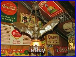 Vintage Gothic Bronze Hanging Bat Lamp Signed Austria Pallme Loetz Style Glass