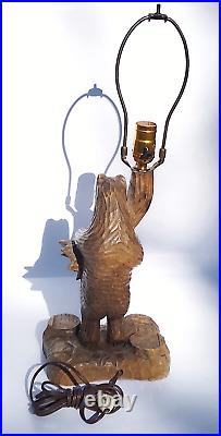 Vintage Hand Carved Wood Folk Art BEAR Table Lamp