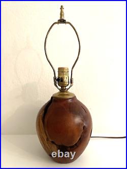 Vintage Hand Turned Mid Century Burled Walnut Wood Table Lamp signed Brutalist a