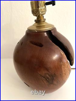 Vintage Hand Turned Mid Century Burled Walnut Wood Table Lamp signed Brutalist a