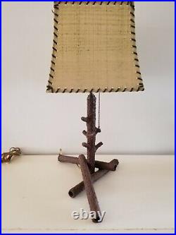 Vintage Handmade Welders Folk Art Metal Log Lamp Fiberglass Shade Rustic Cabin