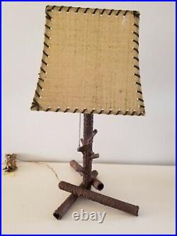Vintage Handmade Welders Folk Art Metal Log Lamp Fiberglass Shade Rustic Cabin
