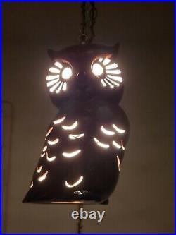 Vintage Hanging Swag Ceramic Owl Lamp Light Mid Century Hand Painted Folk Art