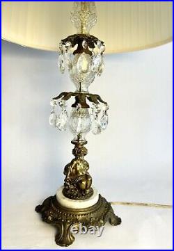 Vintage Hollywood Regency Brass Crystal Italian Marble Cherub Lamp 20 Prisms