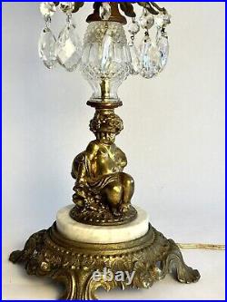 Vintage Hollywood Regency Brass Crystal Italian Marble Cherub Lamp 20 Prisms